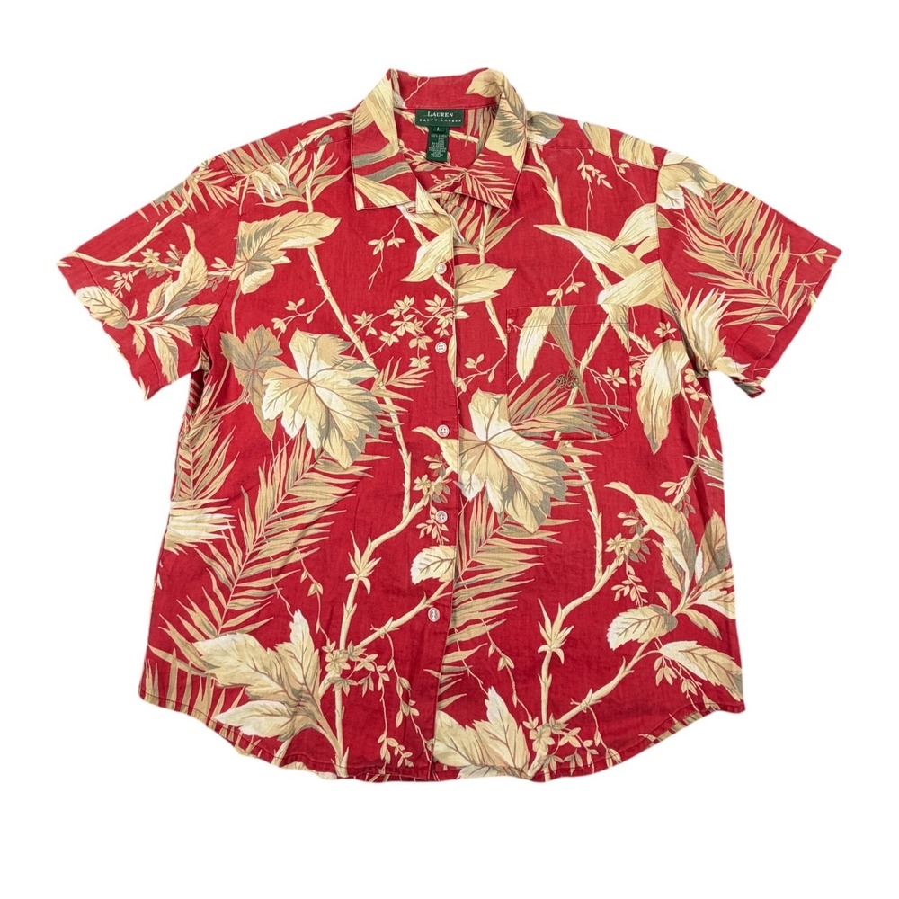 Lauren Ralph Lauren Men Shirt Short Sleeve Button Down Linen Hawaiian Red L